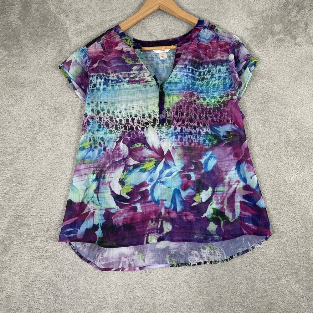 Christopher & Banks Blouse Womens Large Purple Floral Sheer Cap Sleeve Boho